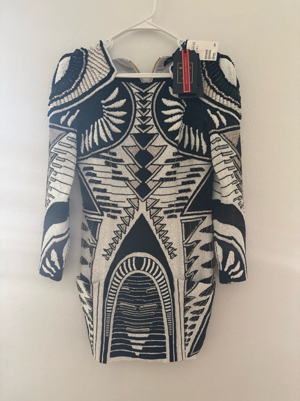 Balmain Black and White Long Sleeve Geometric Bodycon Dress